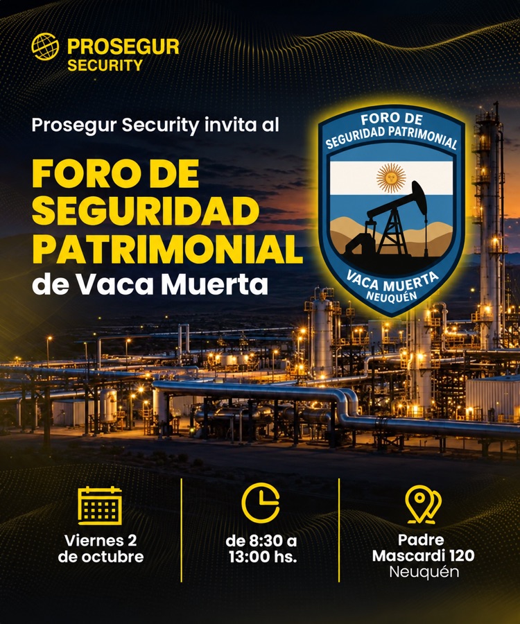 Flyer del Foro de Seguridad Patrimonial de Vaca Muerta, organizado por Prosegur Security el 2 de octubre de 2026 en Neuquén